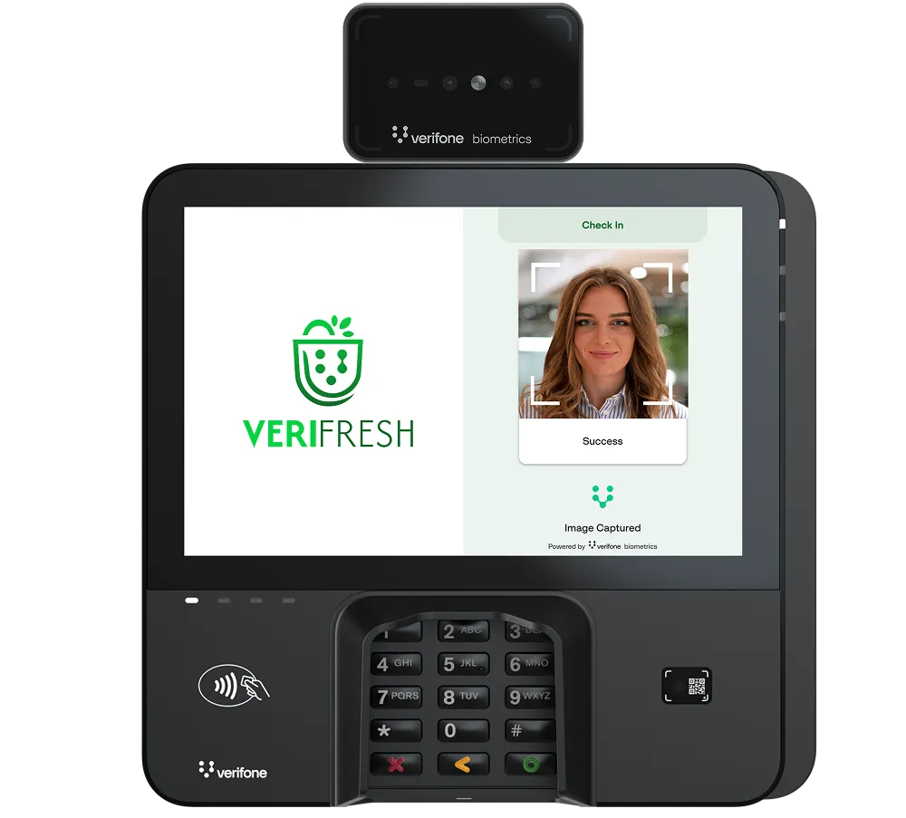 Verifresh biometric check-in device with screen showing a woman's photo and status 'Success'.